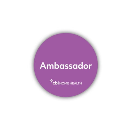 Purple circle with 'Ambassador' and 'cbi HOME HEALTH' text on a white background