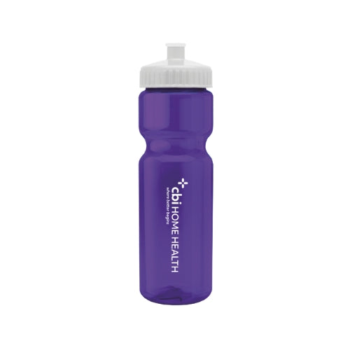 Purple water bottle with white cap on a white background