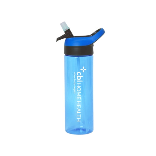 Blue water bottle with black lid and straw on a white background